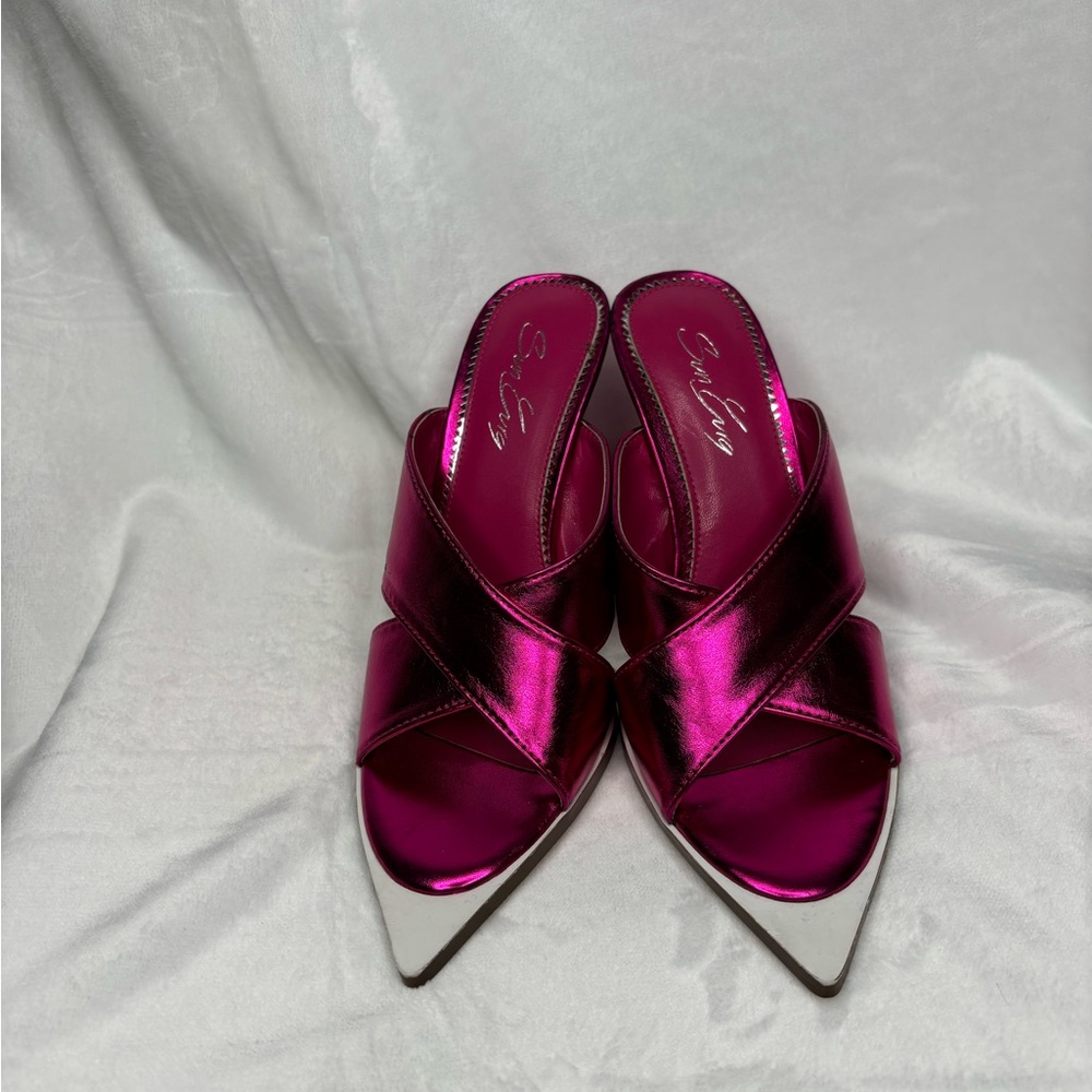 Sun Gurg Women's High Chunky Heel Sandals Open Pointed Toe Sz 6.5